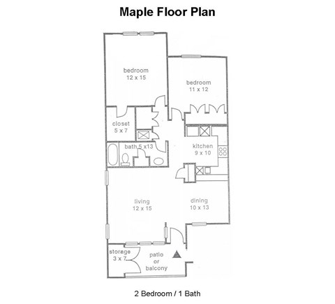A floor plan of a Maple floor plan with two bedrooms and one bath.